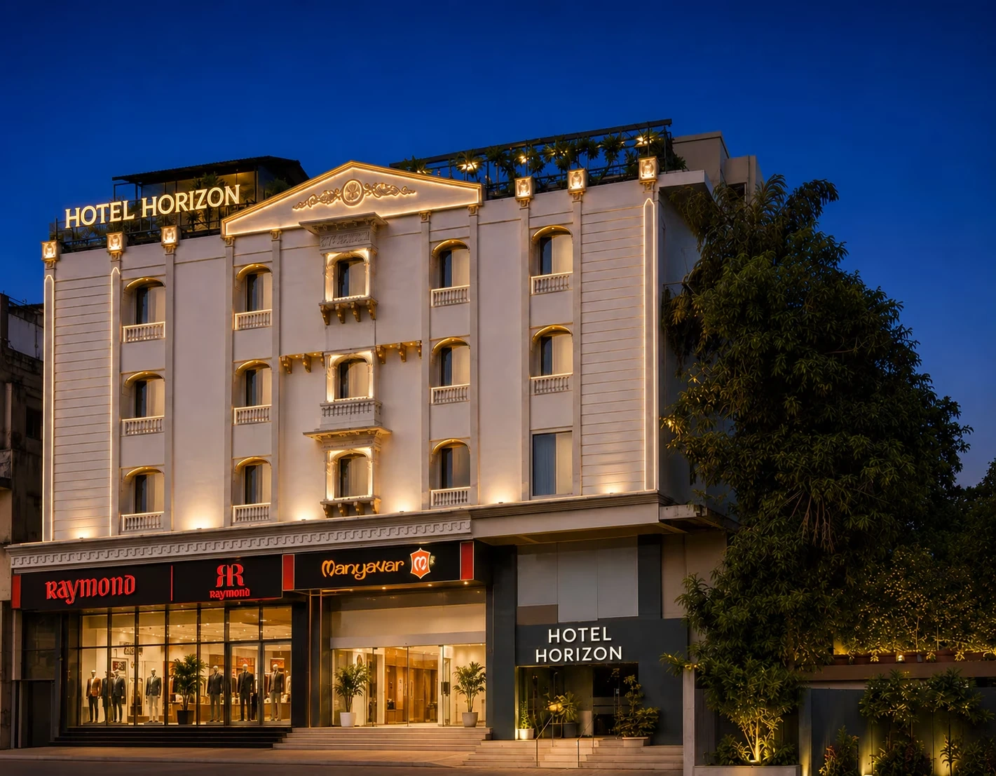 Hotel Horizon building lit up at night